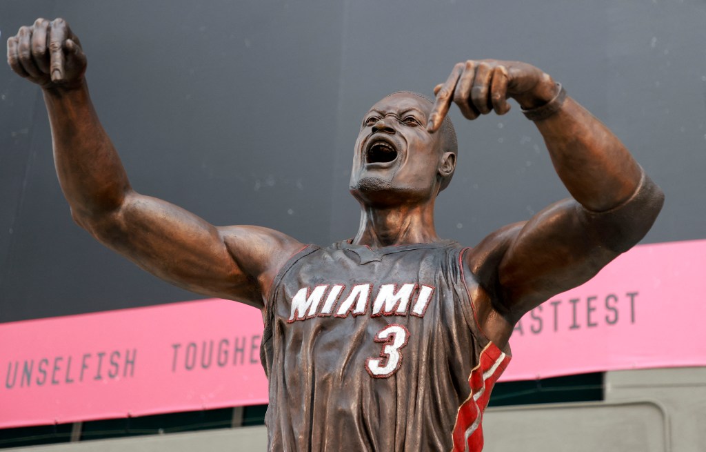 Statue of basketball player Dwyane Wade unveiled on Oct 27, 2024, in front of the Kaseya Center in Miami, Florida