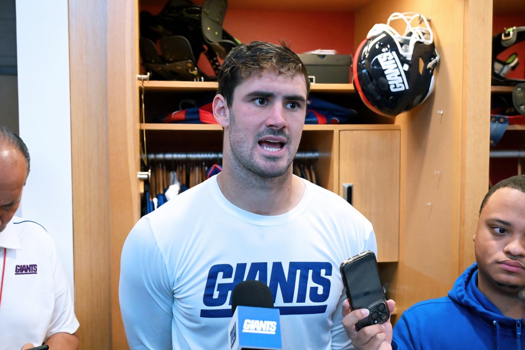 Giants quarterback Daniel Jones talks to the media after practice in East Rutherford, N.J. 