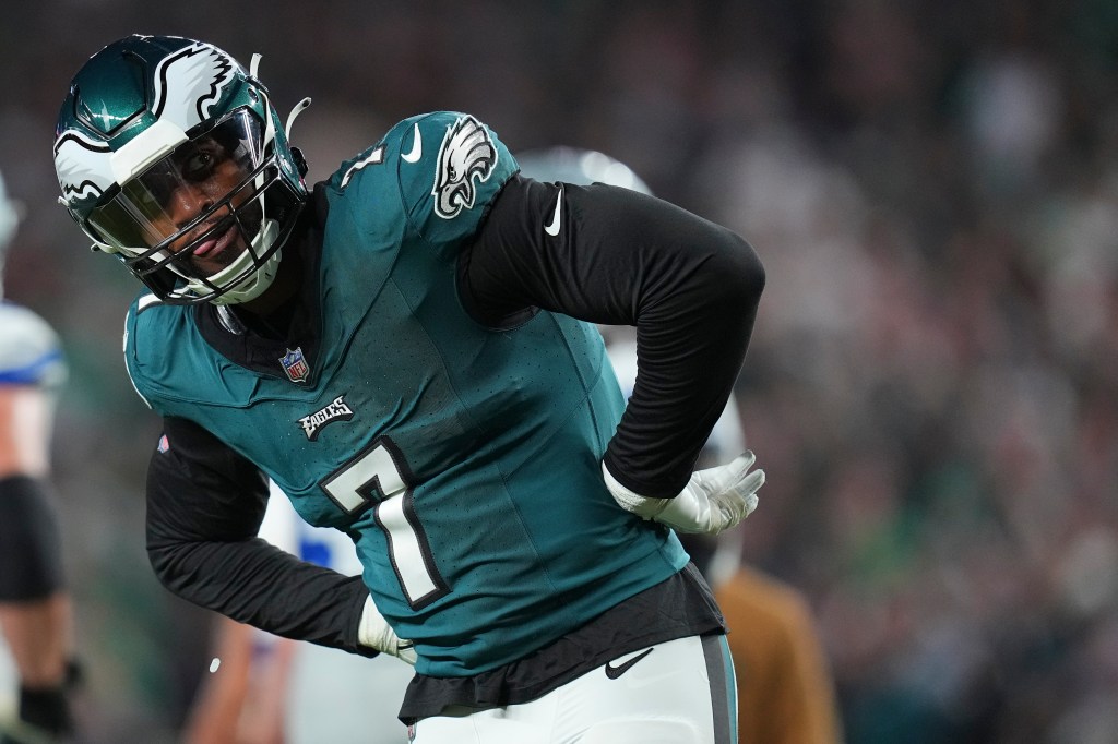 Haason Reddick #7 of the Philadelphia Eagles looks on against the Dallas Cowboys at Lincoln Financial Field on November 5, 2023 in Philadelphia, Pennsylvania.