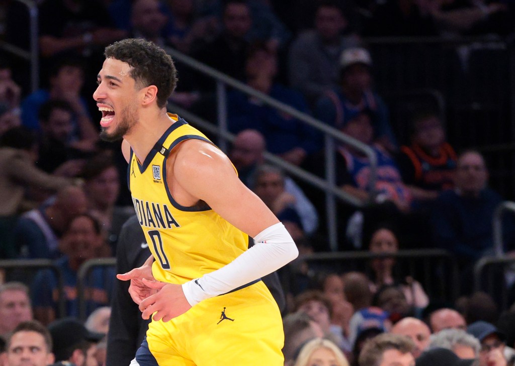 Tyrese Haliburton celebrates during Game 7 of the Eastern Conference semifinals on May 19, 2024. 