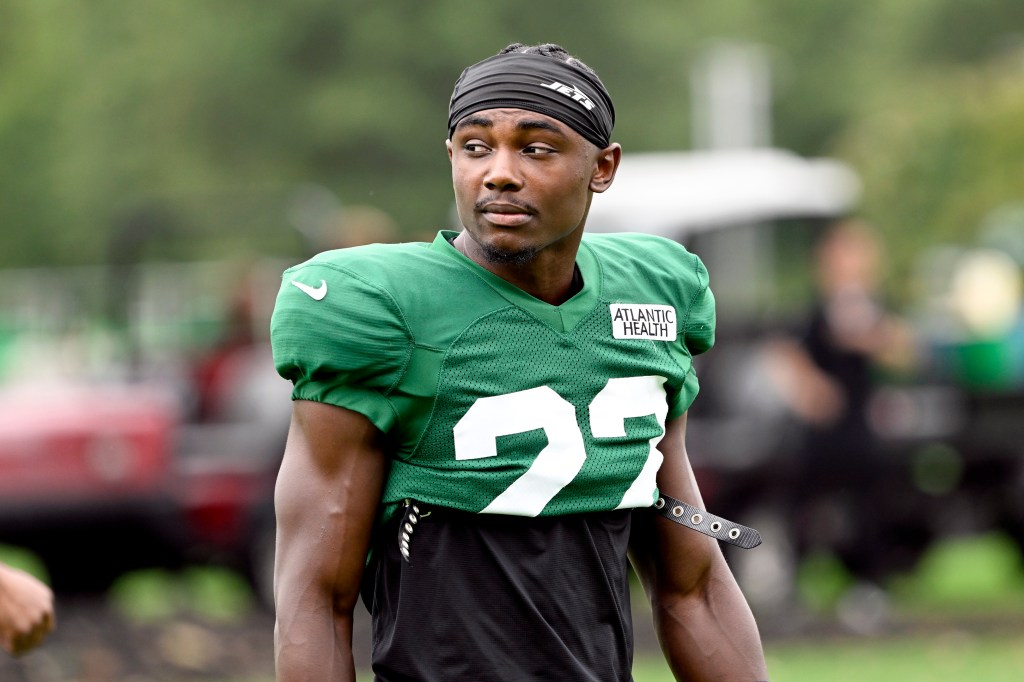 Jets safety Tony Adams in football uniform during practice in Florham Park, NJ