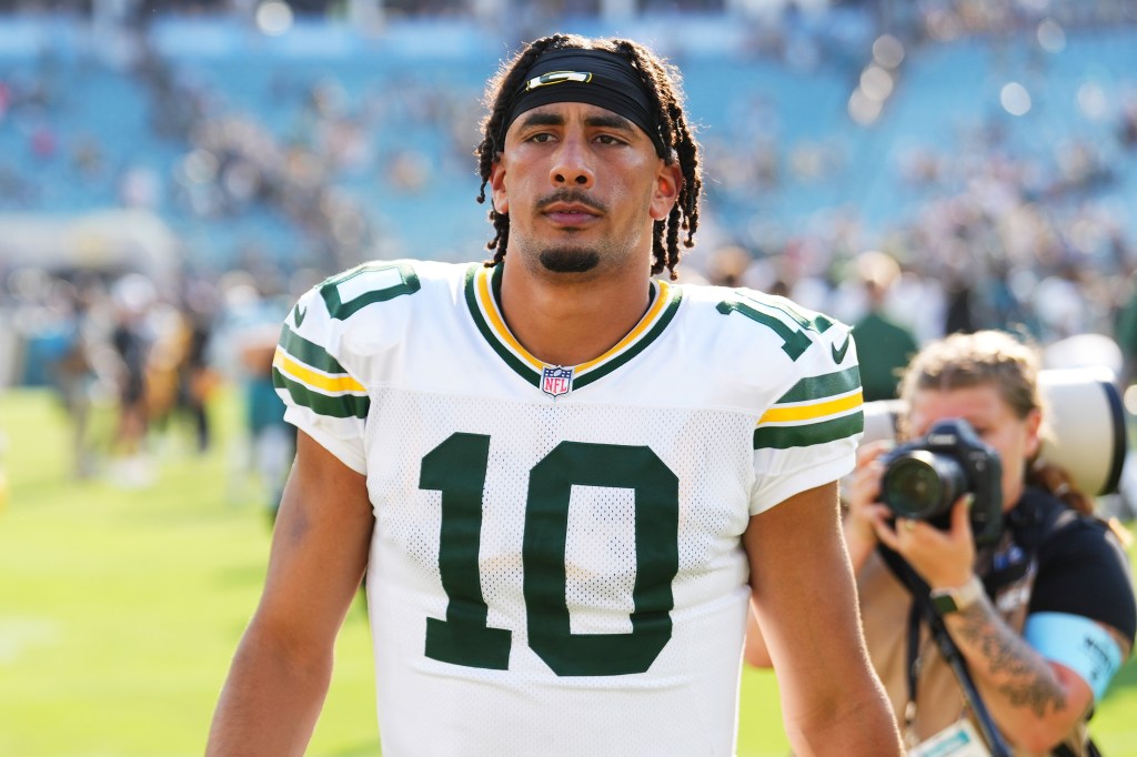 Jordan Love #10 of the Green Bay Packers walks off the field after their 30-27 win over the Jacksonville Jaguars at EverBank Stadium on October 27, 2024 