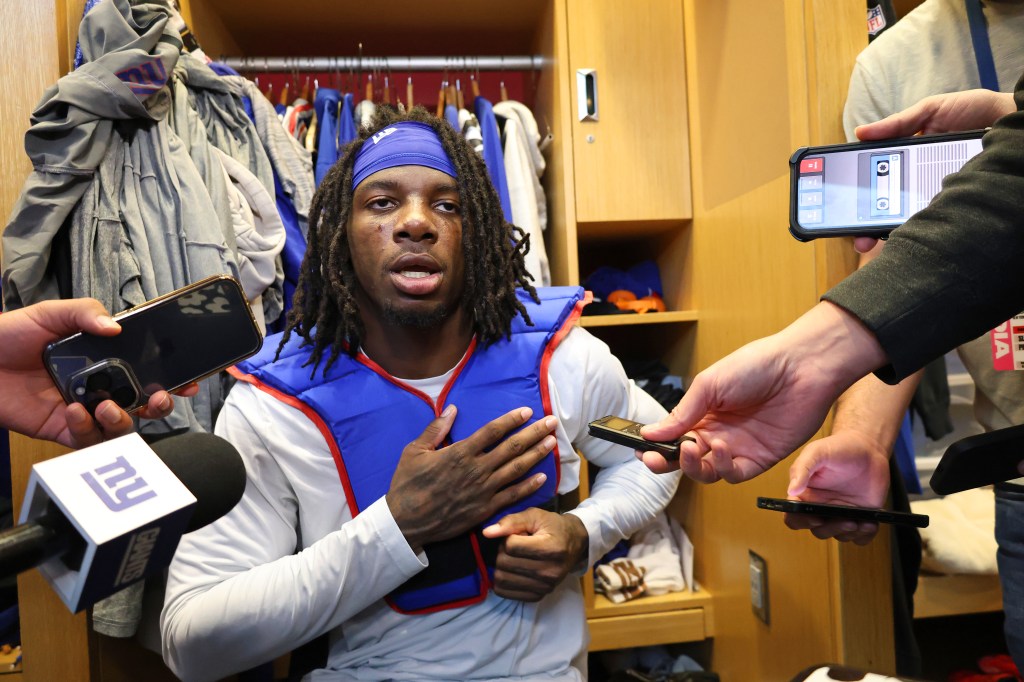 Deonte Banks speaks to the media after Giants practice on Oct. 25, 2024. 