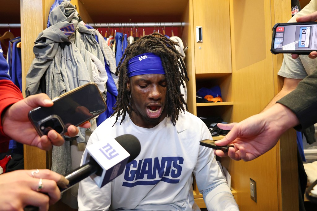 Deonte Banks speaks to the media after Giants practice on Oct. 25, 2024. 