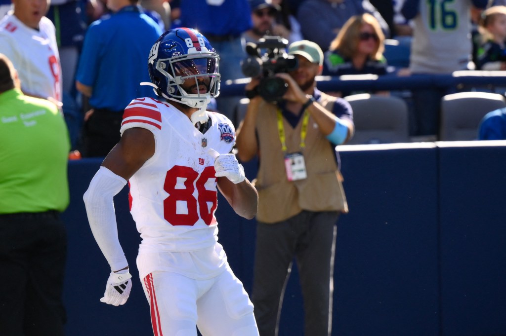 Darius Slayton of the New York Giants celebrating a touchdown against the Seattle Seahawks during an NFL game