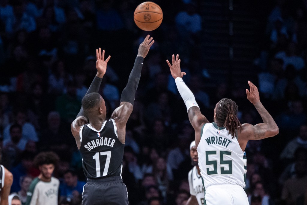 Dennis Schroder shoots during the Nets' win over the Bucks on Oct. 27, 2024. 