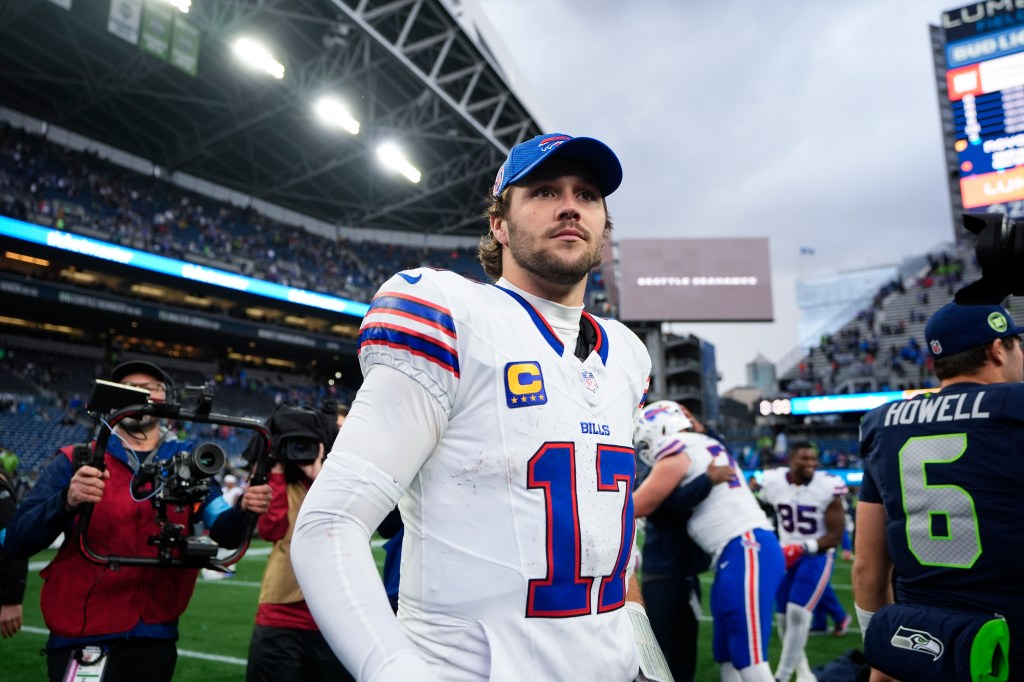 Buffalo Bills quarterback Josh Allen (17) stands on the field after an NFL football game against the Seattle Seahawks, Sunday, Oct. 27, 2024, in Seattle. The Bills won 31-10. 