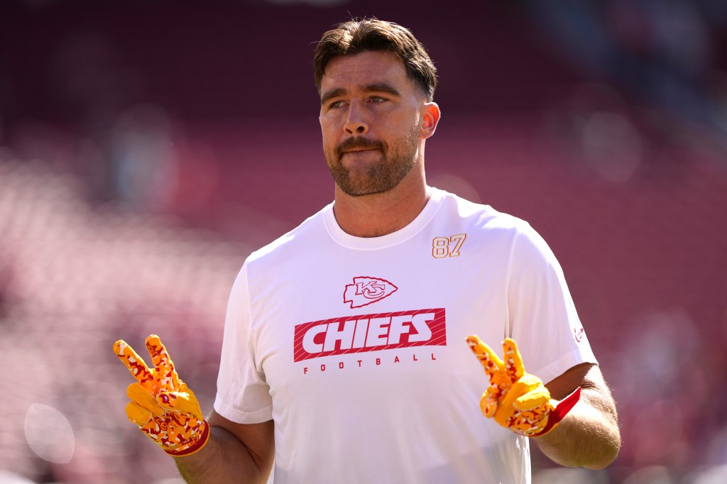 Travis Kelce gestures before the Chiefs-49ers game on Oct. 20, 2024.