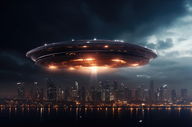 UFO over the night city with aliens visiting the planet Earth | Premium AI-generated image