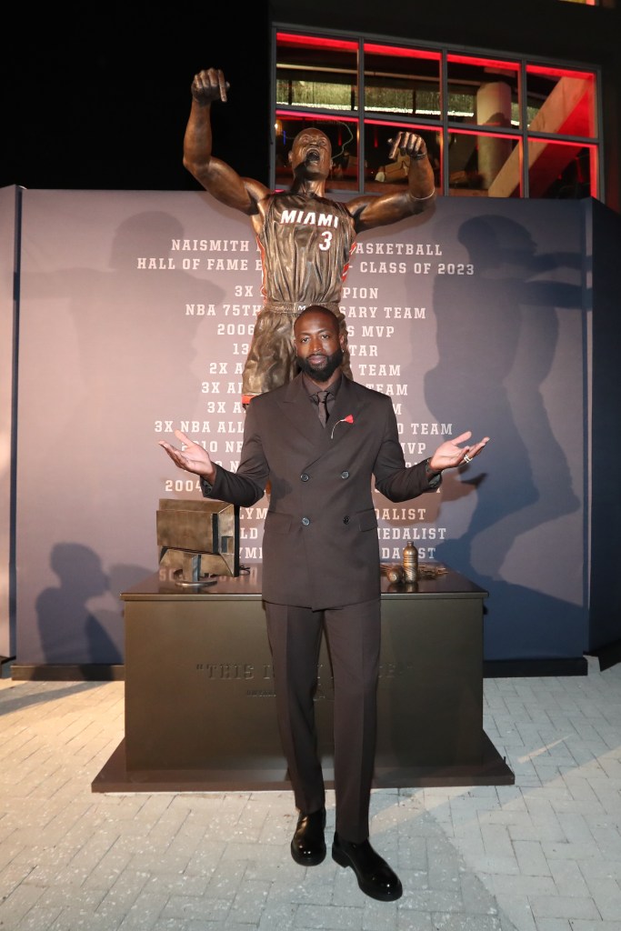 Dwyane Wade speaks during his statue unveiling ceremony outside Kaseya Center, Sunday, Oct. 27, 2024, in Miami, Fla.  