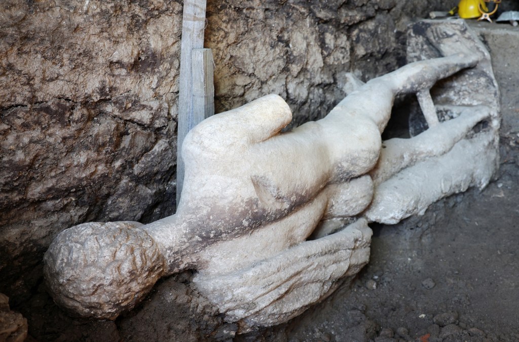 The nearly 7-foot statue of the ancient Greek god Hermes during a dig near Bulgaria’s southeastern border with Greece.