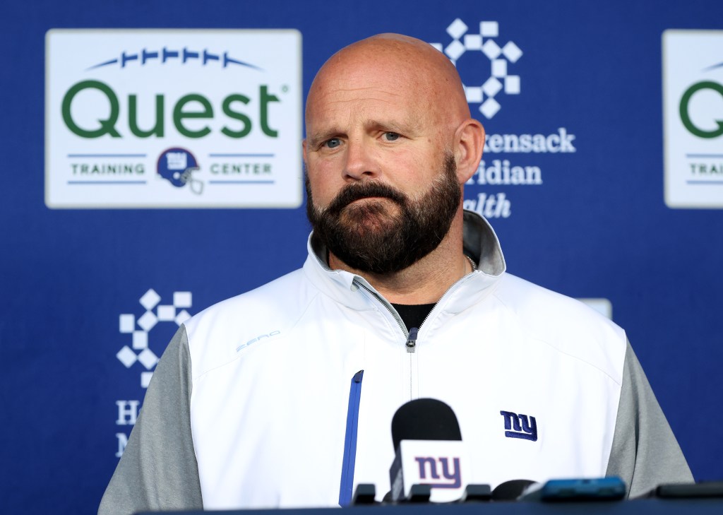 New York Giants Head Coach Brian Daboll speaking to the media before practice at the New York Giants training facility in East Rutherford, New Jersey.