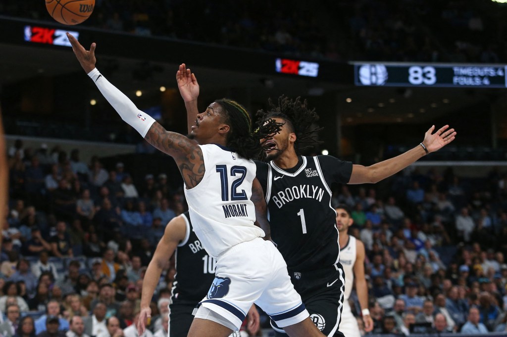 Ziaire Williams defends Ja Morant during the Nets' win over the Grizzlies on Oct. 30, 2024. 