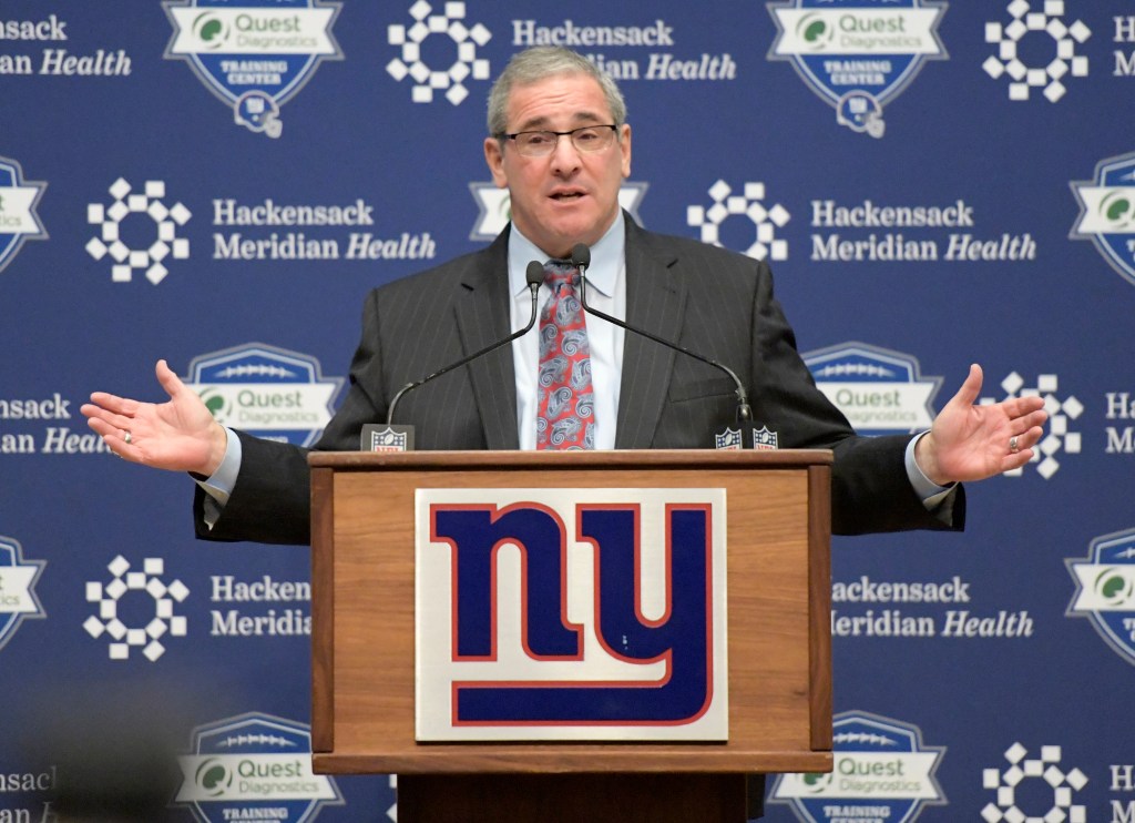 Giants general manager Dave Gettleman speaks to the media.