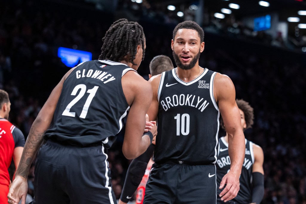 Brooklyn Nets guard Ben Simmons (10) celebrates with forward Noah Clowney (21) in the second half against the Chicago Bulls at Barclays Center, Friday, Nov. 1, 2024, in Brooklyn, NY. 