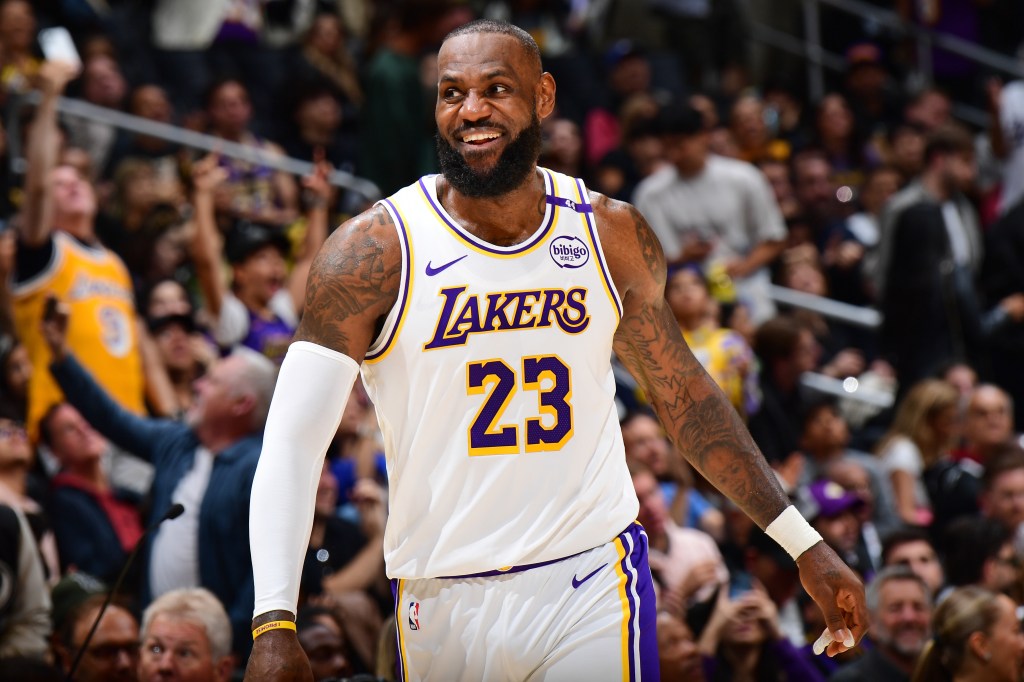 LeBron James #23 of the Los Angeles Lakers smiles during the game against the Sacramento Kings on October 26, 2024 at Crypto.Com Arena in Los Angeles, California.