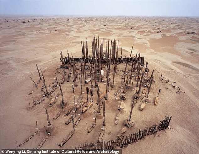 Pictured: An aerial view of the Xiaohe cemetery, where the mummies were found