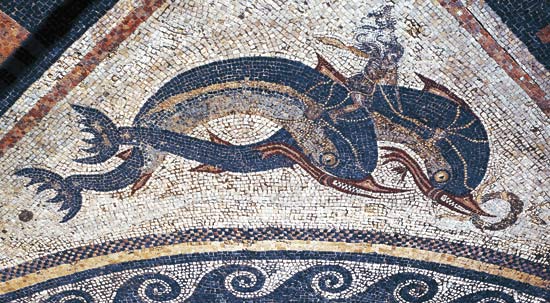 Two dolphins. Mosaic (2nd BCE) from the "House of Dolphins".