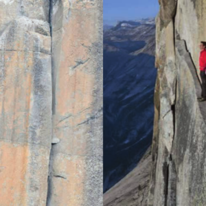 The “Thank God Ledge” on the north face of the Half Dome, Yosemite. This ledge is a 35-foot-long ramp that is anywhere from 5 to 12 inches wide.