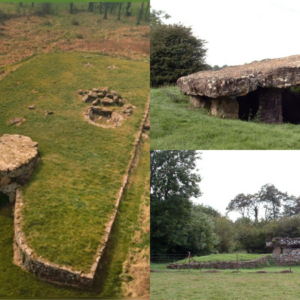 Front and side view of Tinkinswood showing shape and detail of the drystone walling forecourt.