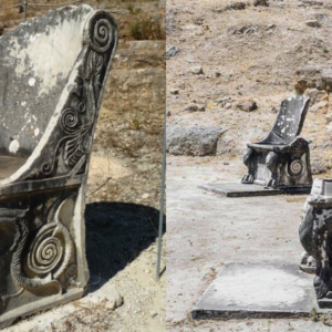 2000-year-old marble thrones at the ancient theatre of Amphiareion in Oropos,