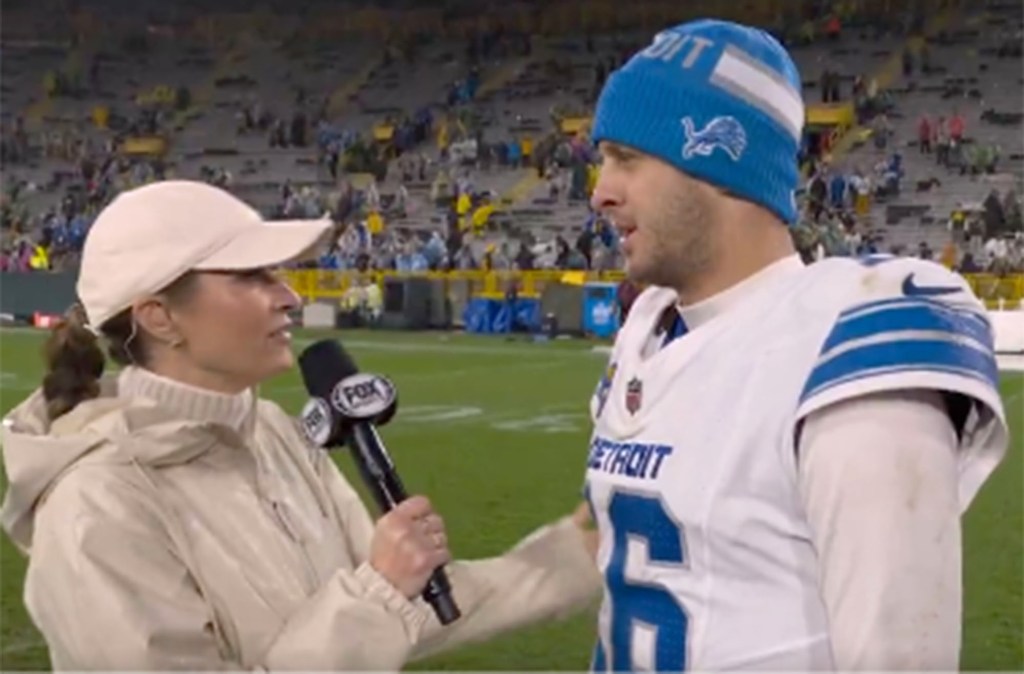 Erin Andrews converses with Lions QB Jared Goff after Detroit's 24-14 win.