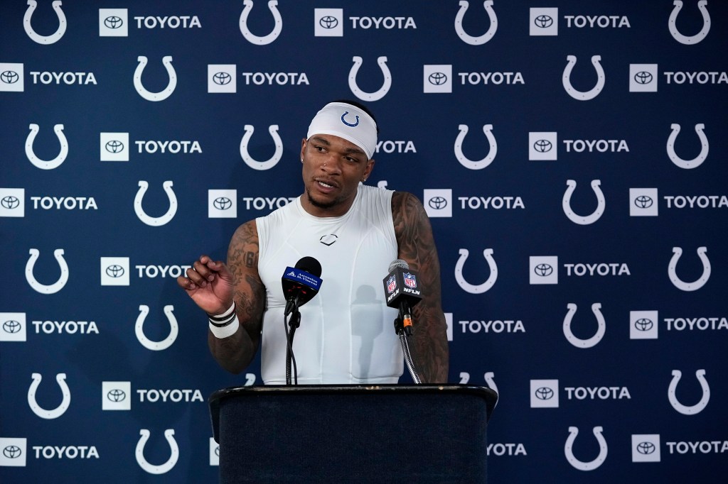 Colts quarterback Anthony Richardson speaks during a news conference after an NFL football game against the Houston Texans, Sunday, Oct. 27, 2024, in Houston.  