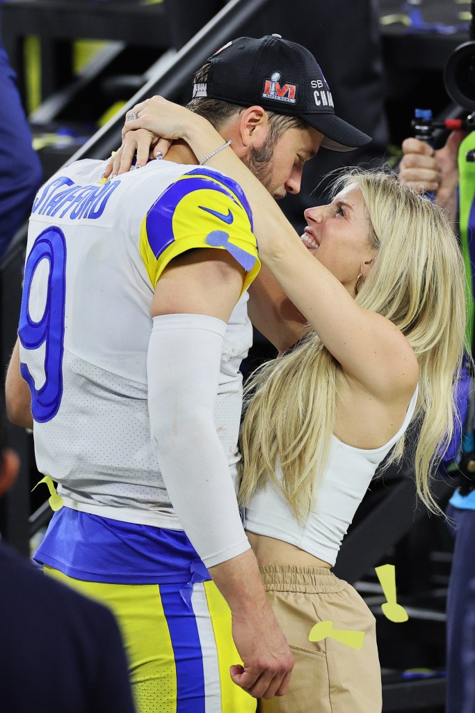 The quarterback, here with wife Kelly, celebrated the Rams' Super Bowl win in February 2022.