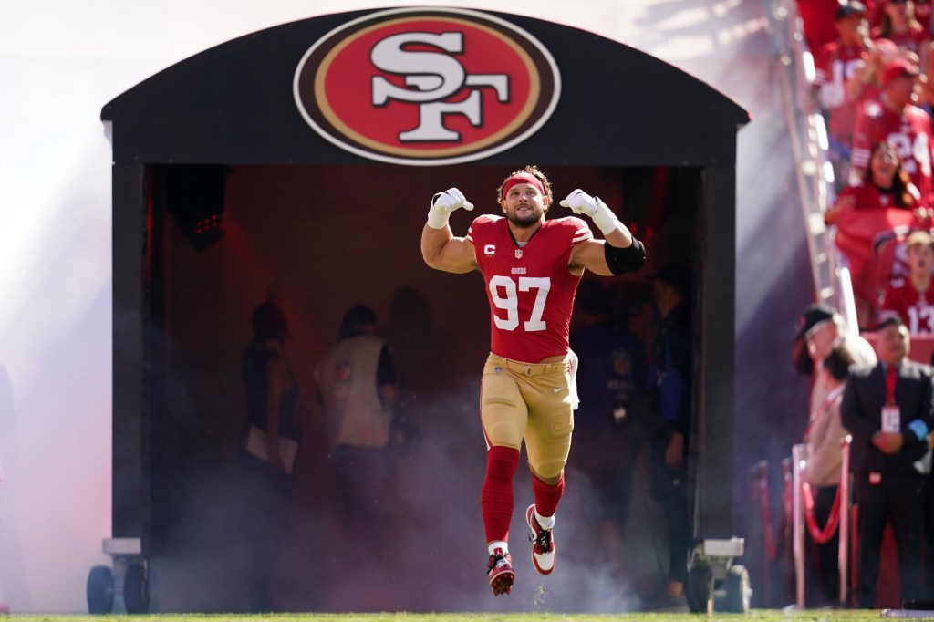 San Francisco 49ers defensive end Nick Bosa (97) is introduced before the start of the game against the Kansas City Chiefs Levi's Stadium. 