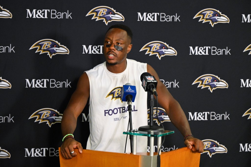 Brandon Stephens is pictured during a press conference following the Ravens' game against the Browns on Oct. 27.