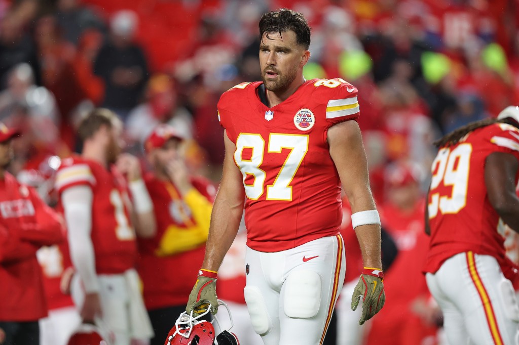 Travis Kelce #87 of the Kansas City Chiefs looks on before the game against the Tampa Bay Buccaneers at GEHA Field at Arrowhead Stadium on November 4, 2024 in Kansas City, Missouri.  