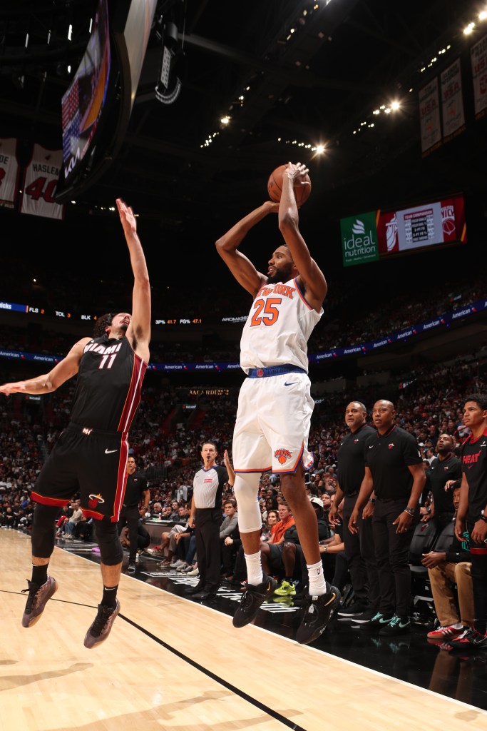 Mikal Bridges shoots a 3-pointer during the Knicks' win over the Heat on Oct. 30, 2024. 