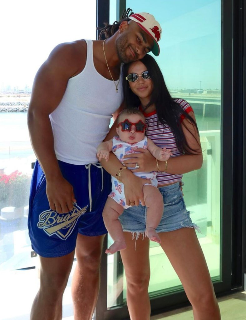 Fred Warner and Sydney Warner with their son Beau in Newport Beach, Ca. on July 4, 2024. 