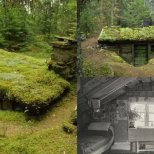 Rustic wooden cabin sauna with moss and deer antlers on the roof like decoration in Nordic forest