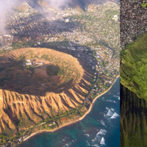 Diamond Head, a 500,000-year-old volcanic tuff cone on Hawaii’s island of O’ahu, seen from above