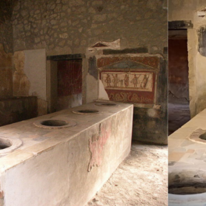 Interior of one of the thermopolia on Via dell’Abbondanza . The counters with recessed containers for food and drinks are covered in colored marble