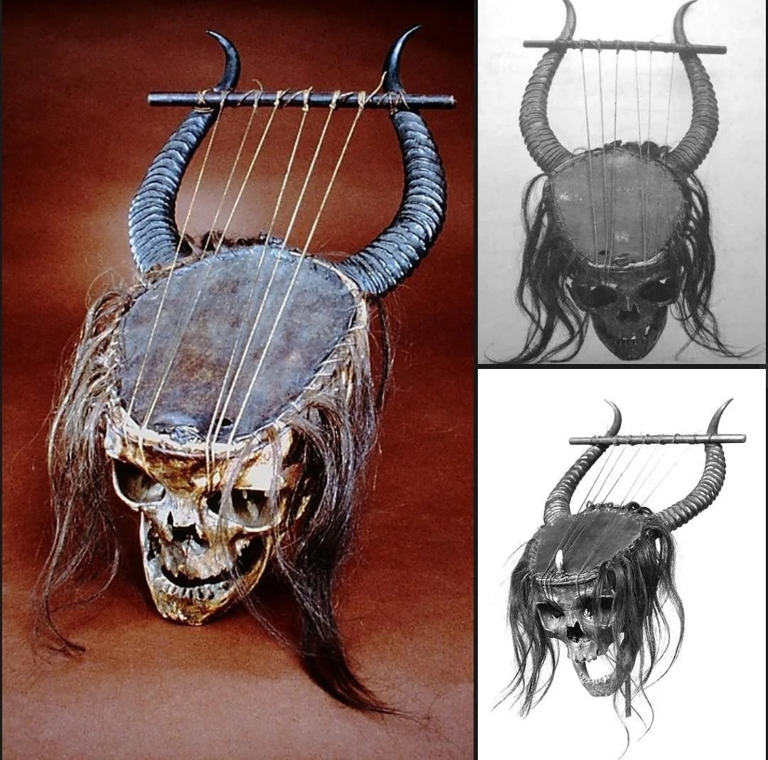 A Central African Lyre Made From A Human Skull And Antelope Horns