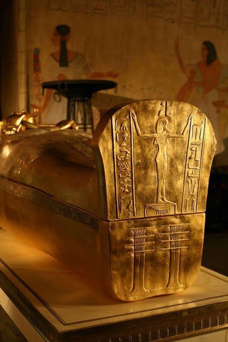 The golden sarcophagus of King Tutankhamun, one of the most famous pharaohs of ancient Egypt.