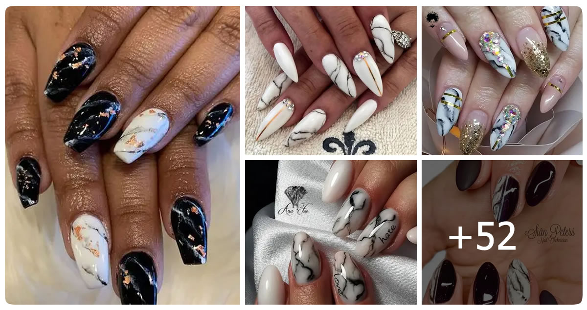 52 PH๏τos: Black and White Marble Nail Designs