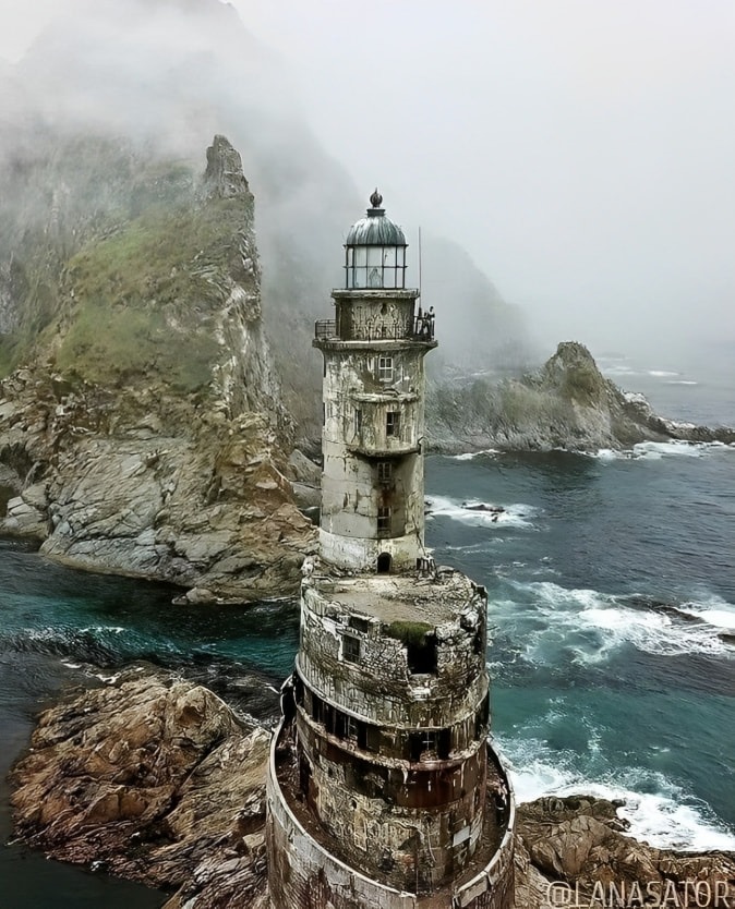 Russia’s abandoned Aniva Lighthouse towers over the icy seas