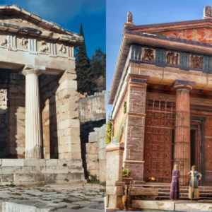 The Athenian Treasury at Delphi, in the 5th century BC and today.