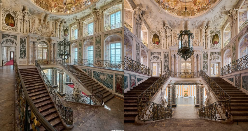 Rococo Staircase Hall of Bruchsal Palace, located in Bruchsal, Baden-Württemberg, Germany.