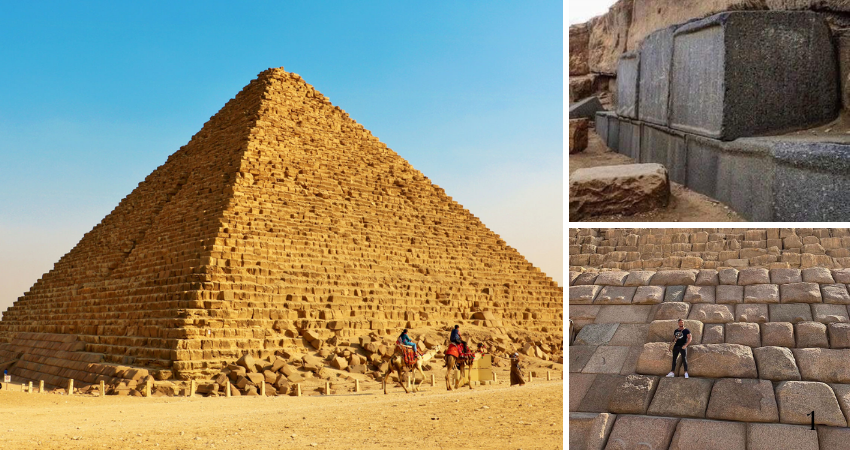 At the Pyramid of Menkaure on the Giza Plateau, a few black blocks stand out from the predominantly limestone structure.