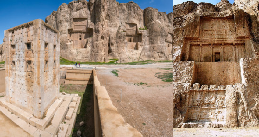 Sandstone rock with carved tombs of persian kings in Necropolis, Iran.