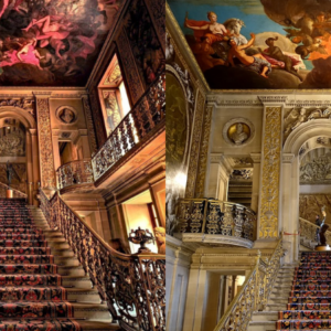 The staircase inside the Painted Hall at Chatsworth House is a marvel of grandeur and artistic mastery.