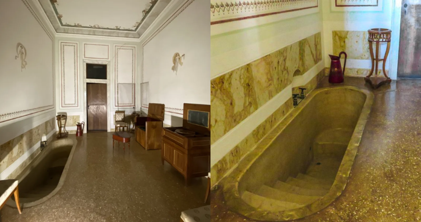 Napoleon’s bathroom with the recessed bath at his apartment in Villa Pisani at Stra, northern Italy.